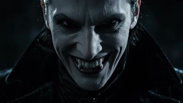 Creepy Pale Man With Dark Eyes and Black Coat Stares Intently for a Halloween Themed Horror Video