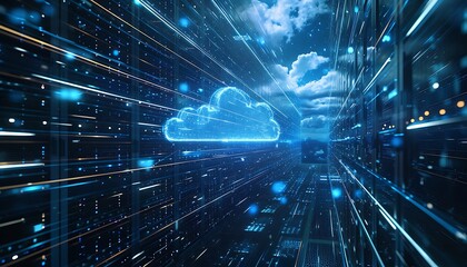 Abstract digital representation of cloud computing, data streams, and network connectivity.