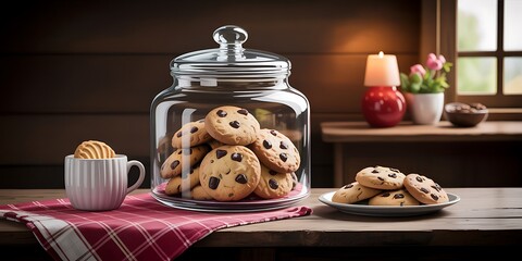Enjoy fresh baked chocolate chip cookies served on a rustic wooden table in a cozy home setting