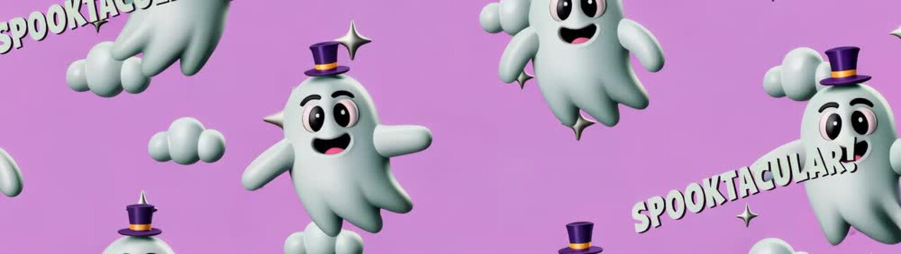 Panoramic widescreen background with friendly ghosts wearing top hats and stars, 3840x1080 background.