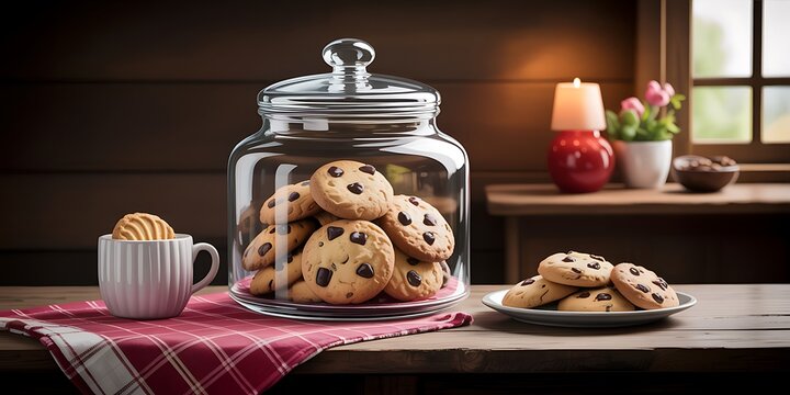 Enjoy fresh baked chocolate chip cookies served on a rustic wooden table in a cozy home setting - Powered by Adobe