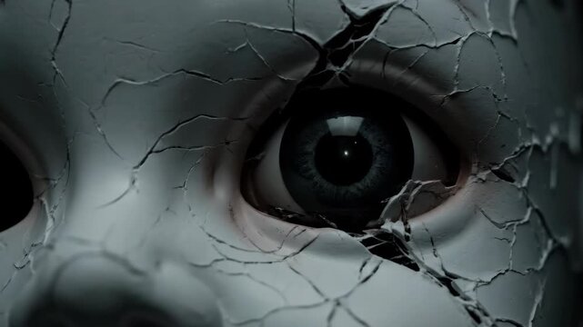 Cracked Doll Face Stares Into the Void, Creepy Halloween Face and Missing Eye at Nighttime