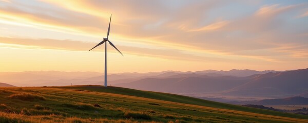 Obraz premium Wind turbine on a grassy hill at sunset with layered mountains in the background