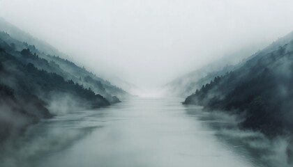Fototapeta premium Serene Misty Landscape With Reflective Water And Forested Hills