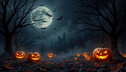 Fototapeta premium Spooky Halloween night with glowing jack o' lanterns bats and a haunted castle under a full moon