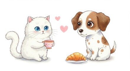 Fototapeta premium A cat and dog facing each other with tea cups and croissant plate with cozy companionship in watercolor style illustration