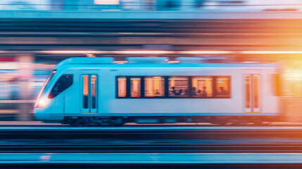 High-speed modern commuter train blurring past at dawn or dusk, illuminated by warm golden glow, showcasing rapid urban transit and dynamic movement.