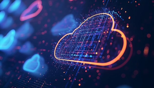 Abstract digital illustration of a glowing cloud, representing cloud computing, with circuit board patterns.