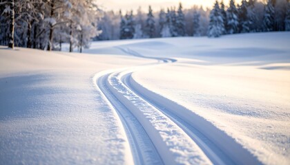 Obraz premium Winter ski trails winding through a snow-covered landscape. Soft sunlight highlights the tracks in pristine snow