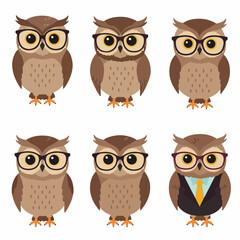 Six cute cartoon owls wearing glasses, with one dressed in a business suit, isolated on white. Ideal for concepts of wisdom, education, and business.