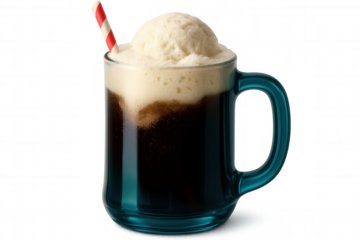 Delicious ice cream float with a scoop of vanilla ice cream and a paper straw, presented in a blue glass mug, on a clear background
