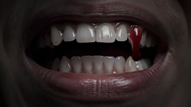 Get Ready for Halloween With This Creepy Close-Up of Vampire Fangs With a Small Blood Droplet During the Late Evening