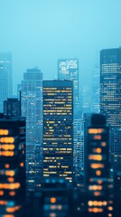 A nighttime cityscape featuring illuminated skyscrapers under a blue haze, showcasing a modern urban environment.
