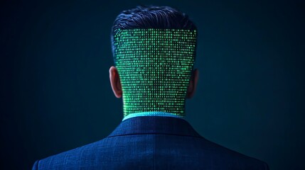 A digital representation of a man with a head made of green binary code, symbolizing technology and the fusion of human and digital identity.