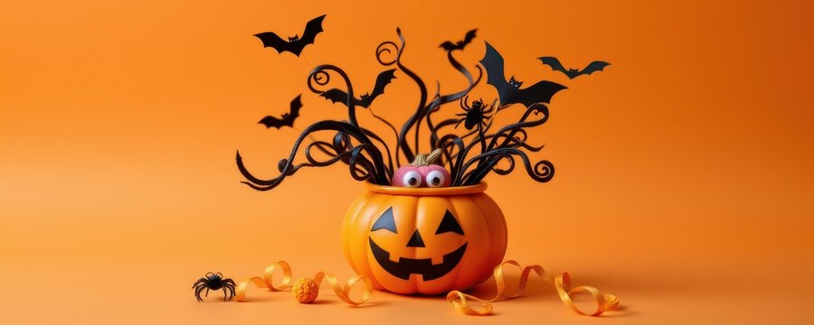 Smiling jack o' lantern bucket filled with spooky decorations including bats and a spider on an orange background