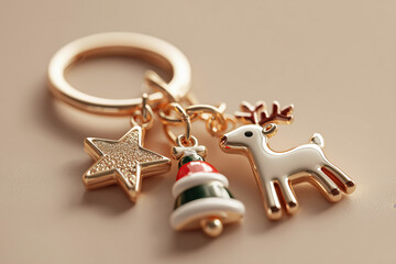golden metal keychain with christmas tree, deer and star charms, beige background