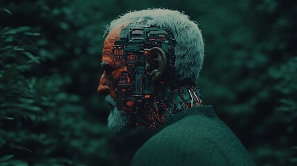 A surreal portrait of an elderly man with a robotic face, merging human features and technology, set against a lush, green background.