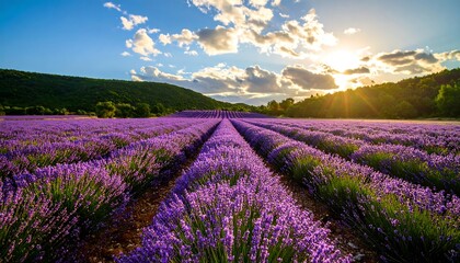 Naklejka premium Lavender field at sunset