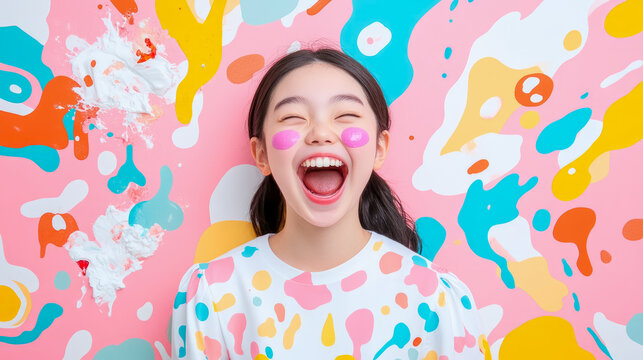 Energetic young Asian girl with cheerful pink face paint ecstatically shouts, surrounded by vibrant, abstract, colorful paint splatter background and playful whipped cream mess.