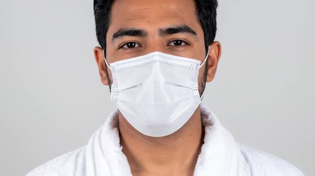 Man wearing white face mask and robe