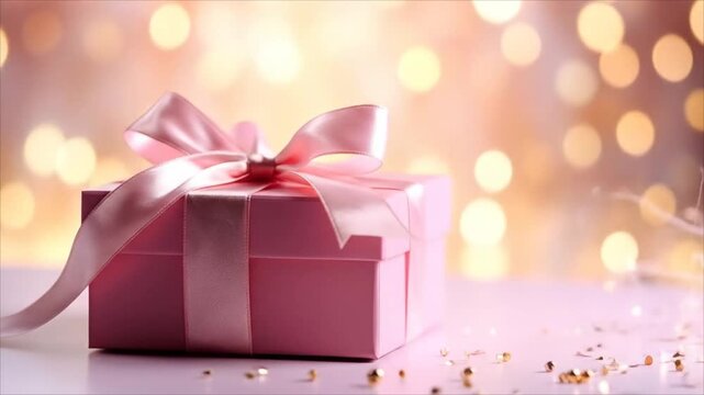 Pink gift box with satin ribbon and bokeh background for celebrations and special occasions