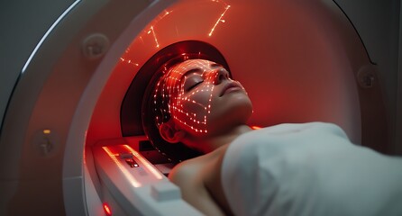 Woman receiving red light therapy treatment for her face skin