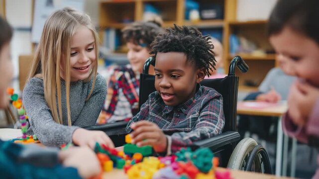 A boy in a wheelchair plays at the school table with his buddies. Happy kids play with bright toys.
