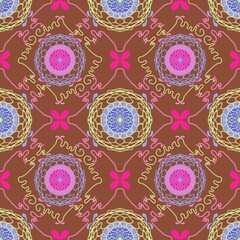 seamless pattern with colorful flowers,green, pink, purple curves and painted to create flowers shape,leaves with brown background in geometric patterns to as sarong,tile,printed fabric,batik,fabric,