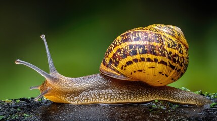 Close-up of a vibrant garden snail crawling slowly on a mossy surface in natural sunlight with a blurred green background