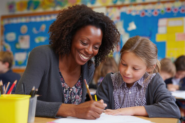 smiling female primary school teacher helping a student with writing at a clean desk, colorful but uncluttered classroom background