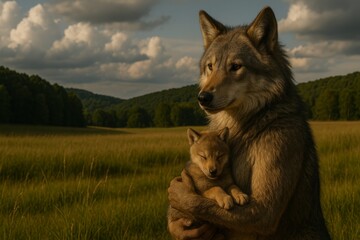 Calm Mother Werewolf Holds Pup in a Tender Moment, Pleasant Afternoon with Cryptid Family