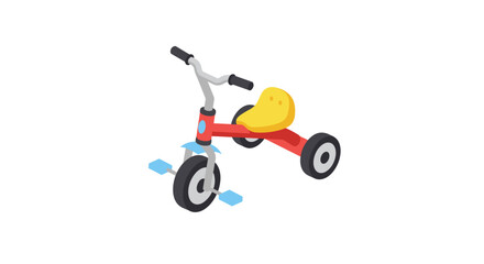 Colorful isometric children's tricycle with yellow seat and blue pedals on white background