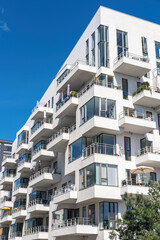 Modern white apartment buildings seen in Copenhagen, Denmark