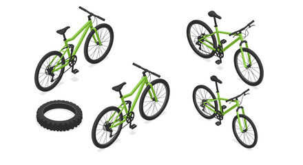 Fototapeta premium Green mountain bicycles isometric set with various angles and spare tire