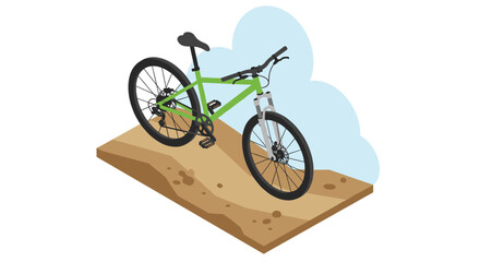 Obraz premium Isometric green mountain bike on trail path with cloudy sky background