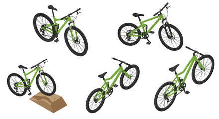 Fototapeta premium Set of green mountain bikes in isometric perspective with jump ramp