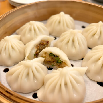 Steamed dumplings are arranged in a steamer, with steam rising and a variety of fillings