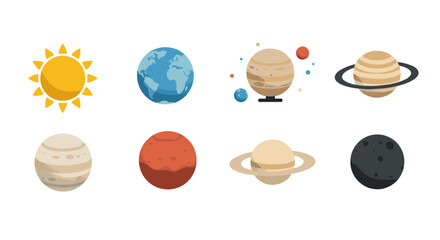 Flat style solar system icons featuring planets with sun and orbit details