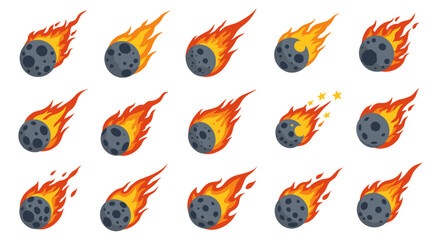 Fiery meteor set in flat style with burning trail illustrations