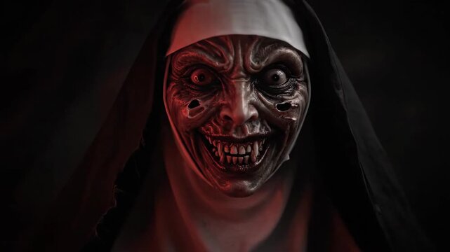 Creepy Nun Face Close-Up for a Halloween Horror Night With a Sinister Grin and Red Lighting, Perfect for Frightful Season