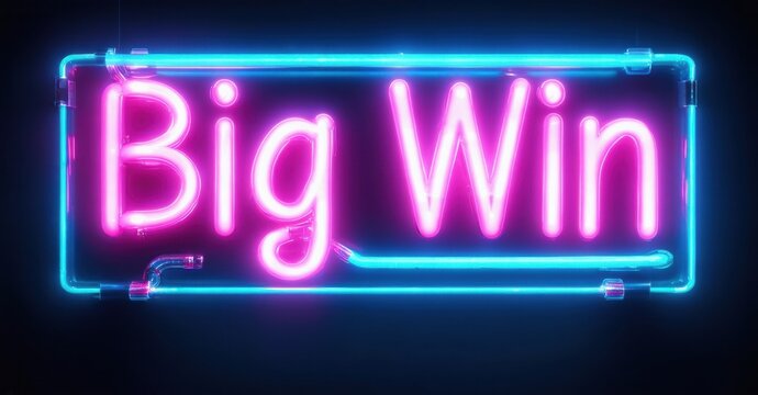 Bright neon sign displays Big Win. Vivid pink lettering contrasts with blue outline against dark background. Simple, bold design. - Powered by Adobe