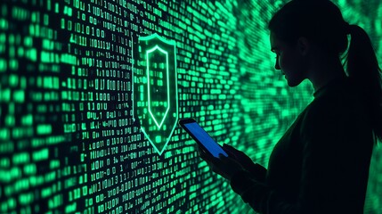 A woman stands in silhouette against a glowing green binary code wall, holding a tablet, symbolizing cybersecurity and technology.