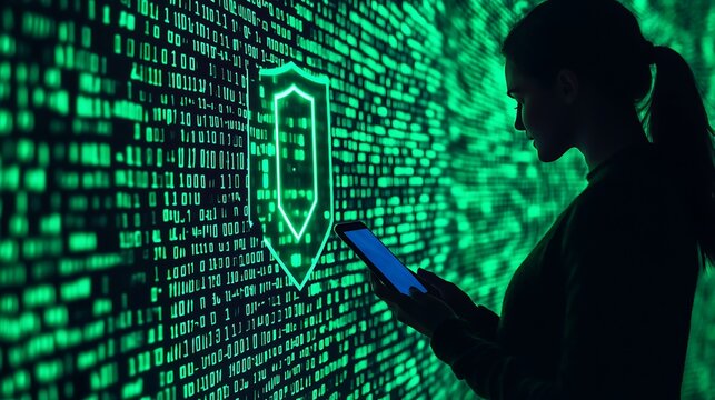 A woman stands in silhouette against a glowing green binary code wall, holding a tablet, symbolizing cybersecurity and technology.