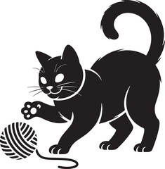 Obraz premium Playful Feline Silhouette Vector Illustration with Yarn Ball on Transparent Backdrop