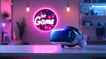 Virtual reality gaming vr headset experience neon lights room
