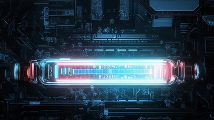 Futuristic glass cylinder displaying data on circuit board - Powered by Adobe