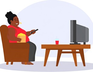 Woman watching TV and eating snacks