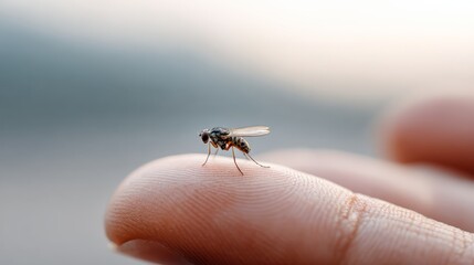 Obraz premium Close up view of a small fly delicately perched on a person's fingertip, showcasing the intricate details of the insect's body and highlighting the vastness of nature's miniature wonders