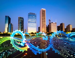 City skyline at twilight, overlaid with circuit board and gears