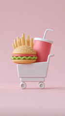 Food delivery online order, Fast food delivery online order concept with burger fries and soda in shopping cart on pink background